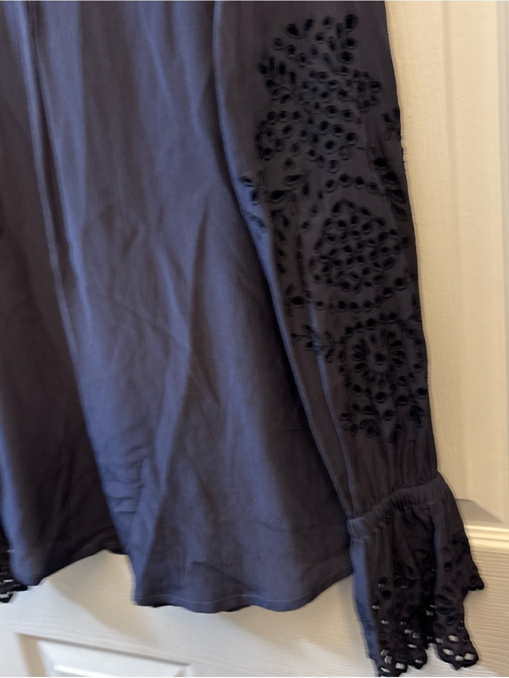 Navy Pintuck V-Neck Tunic with Lace Cuffs - Picture 4 of 5